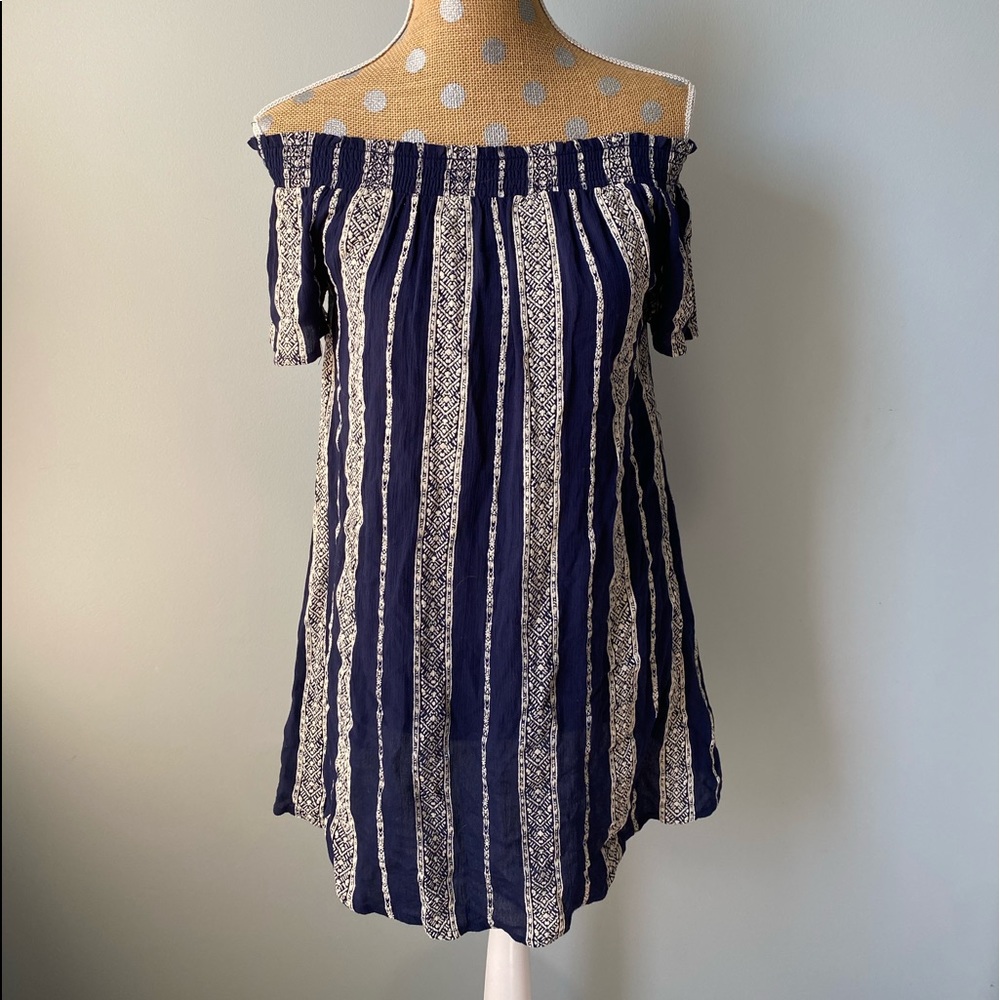 Navy and Tan Off the Shoulder Dress